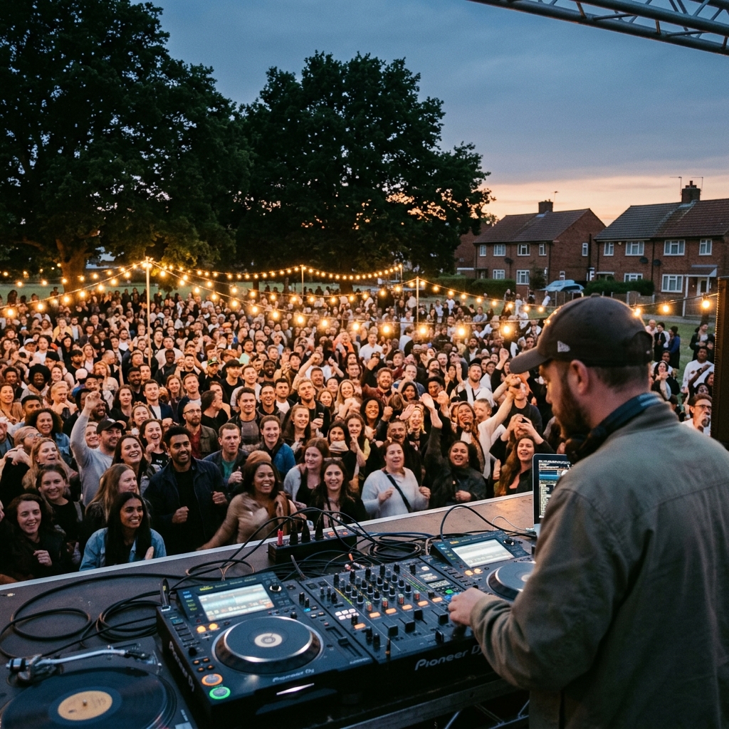 DJ draait voor een vol dansend publiek bij zonsondergang