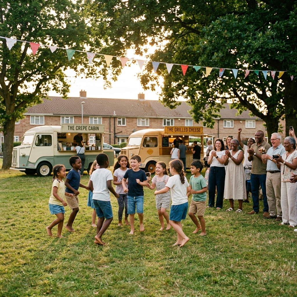 Kinderen dansen en spelen op het festivalterrein bij zonsondergang