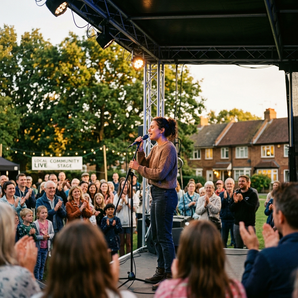 Lokaal talent zingt op het podium voor een warm publiek